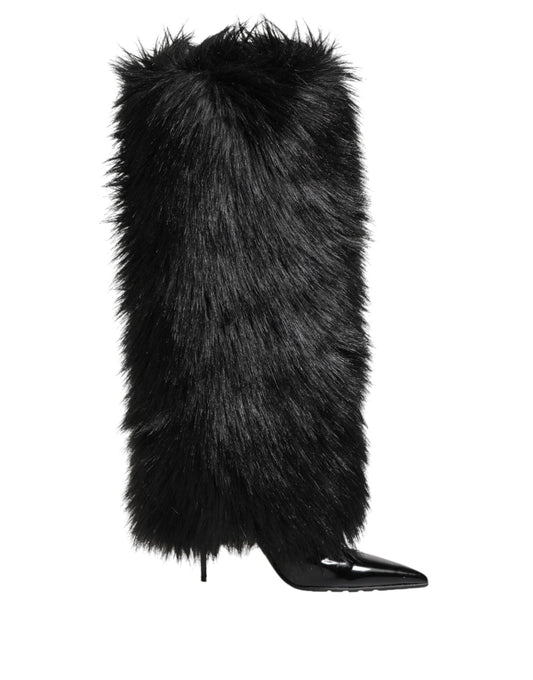Black Faux Fur Pointed Knee High Stiletto Boots Shoes