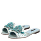 Silver Blue Leather Bead Embellish Slide Shoes