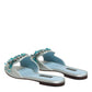Silver Blue Leather Bead Embellish Slide Shoes