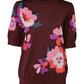 Maroon Floral Silk Crew Neck Blouse Top