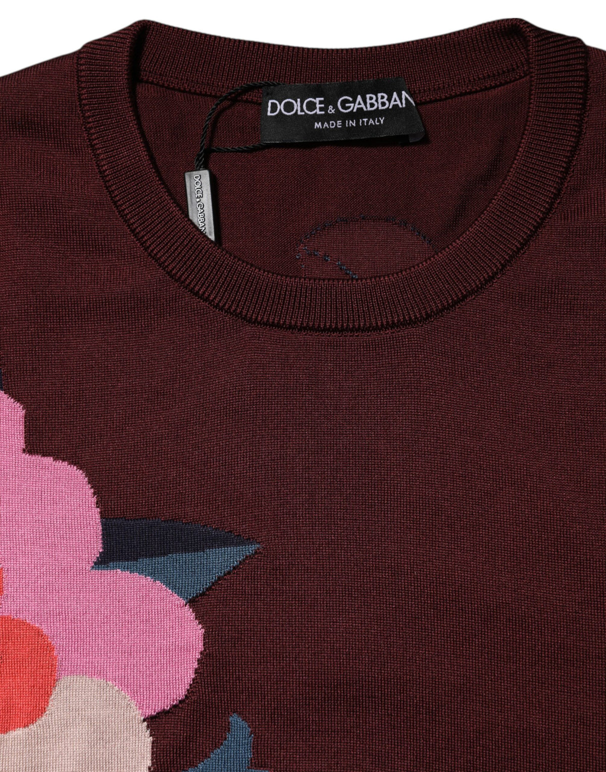 Maroon Floral Silk Crew Neck Blouse Top
