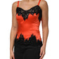 Red Black Lace Trim Silk Sleeveless Tank Top