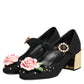 Black Flower Crystal Embellished Mary Jane Shoes