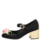 Black Flower Crystal Embellished Mary Jane Shoes