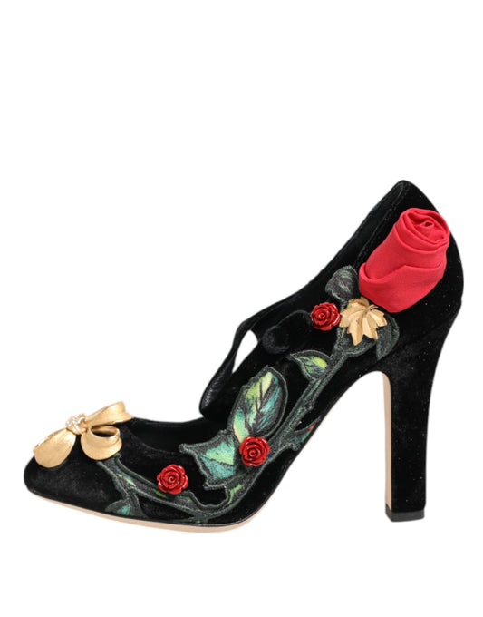 Black Roses Crystal Brooch Mary Jane Shoes