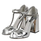 Silver Leather T-strap Heels Sandals Shoes