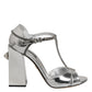 Silver Leather T-strap Heels Sandals Shoes