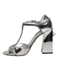 Silver Leather T-strap Heels Sandals Shoes