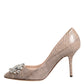 Beige Leather Crystal Embellished Pumps Shoes
