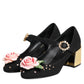 Black Flower Crystal Embellished Mary Jane Shoes