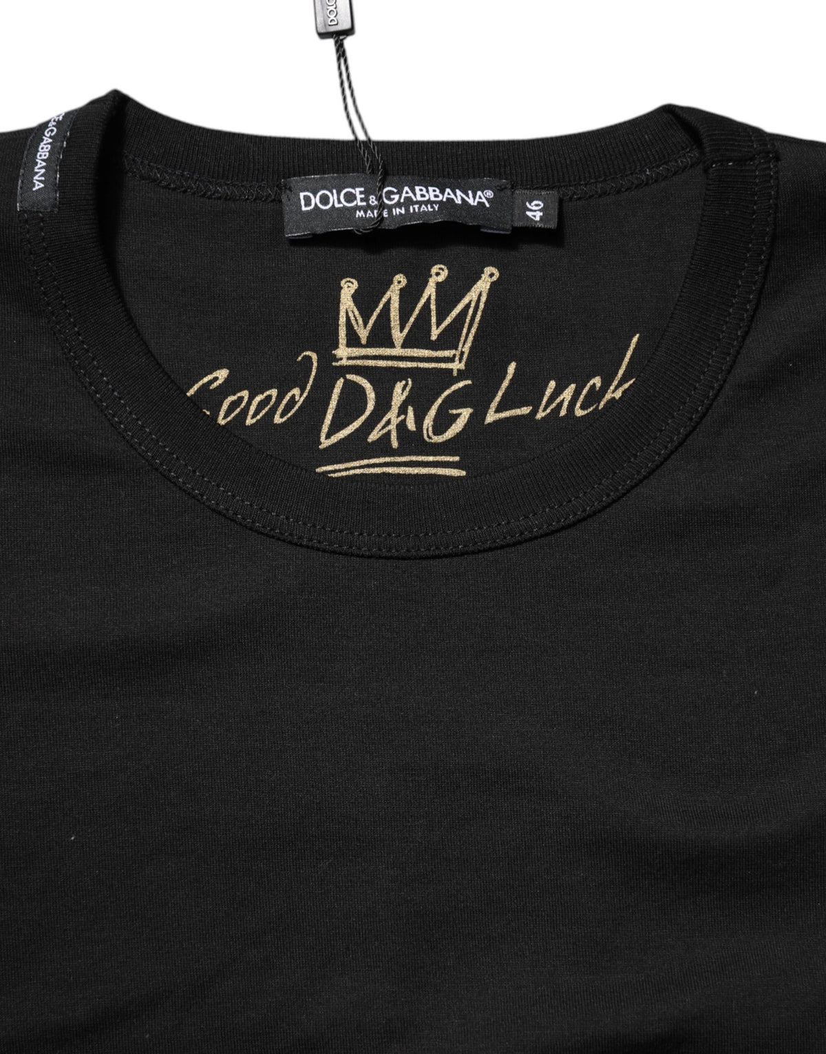 Black Cotton Goodluck Tee Crew Neck T-shirt