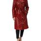 Red Leather Belted Full Zip Trench Coat Jacket