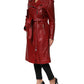 Red Leather Belted Full Zip Trench Coat Jacket