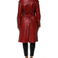 Red Leather Belted Full Zip Trench Coat Jacket