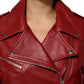 Red Leather Belted Full Zip Trench Coat Jacket