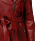 Red Leather Belted Full Zip Trench Coat Jacket