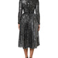 Black Sequined Long Sleeves Midi A-line  Dress