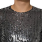 Black Sequined Long Sleeves Midi A-line  Dress