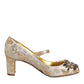 Gold Jacquard Crystal Mary Janes Pumps Shoes