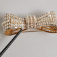 Gold Tone Brass Bow Crystal FauxPearl Embellished Brooch