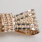 Gold Tone Brass Bow Crystal FauxPearl Embellished Brooch
