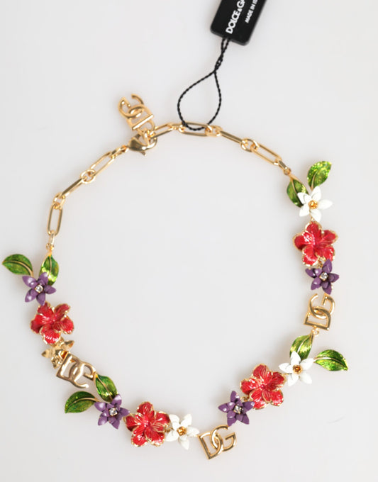 Gold Brass Logo Detail Floral Fashion Jewelry Necklace