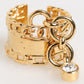 Gold Tone Brass Logo Chain Clear Crystals Adjustable Ring
