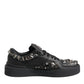 Black Leather Studded Low Top Sneakers Shoes