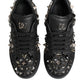 Black Leather Studded Low Top Sneakers Shoes