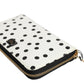 White Black Dotted Leather Zip Around Continental Wallet