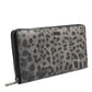 Black Gray Leopard Leather Zip Around Continental Wallet