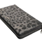 Black Gray Leopard Leather Zip Around Continental Wallet