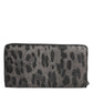 Black Gray Leopard Leather Zip Around Continental Wallet