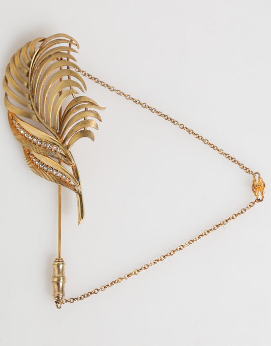 Gold Tone Leaf 925 Sterling Silver Crystal Chain Pin Brooch