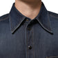 Blue Denim Button Casual Logo Patch Men Shirt