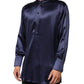 Navy Silk Long Sleeve Mandarin Collar Shirt