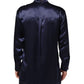 Navy Silk Long Sleeve Mandarin Collar Shirt