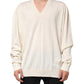 Ivory Virgin Wool Men V-Neck Knit Sweater