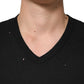 Black Cotton Tattered Logo V-Neck Men T-shirt
