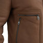 Brown Leather Fur Button Biker Coat Jacket