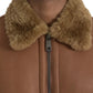 Brown Leather Fur Button Biker Coat Jacket