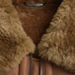Brown Leather Fur Button Biker Coat Jacket