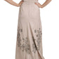 Beige Sequined Flower Flare Ball Gown Dress