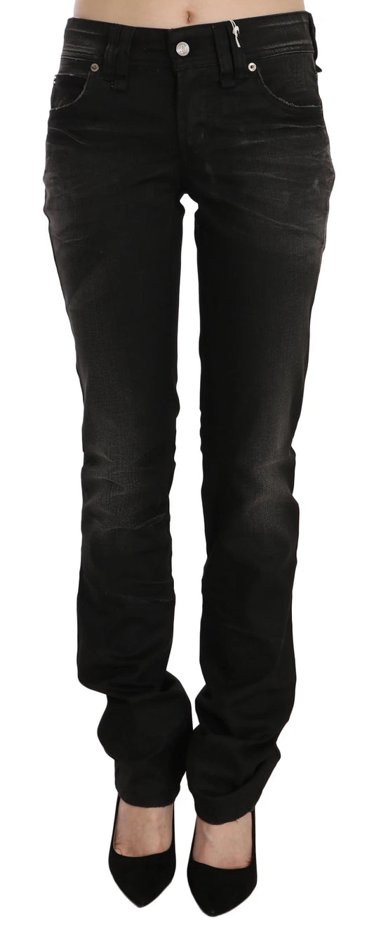 Black Washed Mid Waist Regular Leg Skinny Denim Jeans