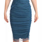 Blue Mesh Trim Ruched Tulle Sheath Dress