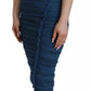 Blue Mesh Trim Ruched Tulle Sheath Dress