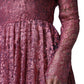 Pink Floral Lace Long Sleeve Midi Dress