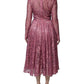 Pink Floral Lace Long Sleeve Midi Dress