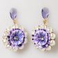Purple Floral Crystal Pearl Drop Clip-On Statement Earrings