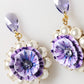 Purple Floral Crystal Pearl Drop Clip-On Statement Earrings